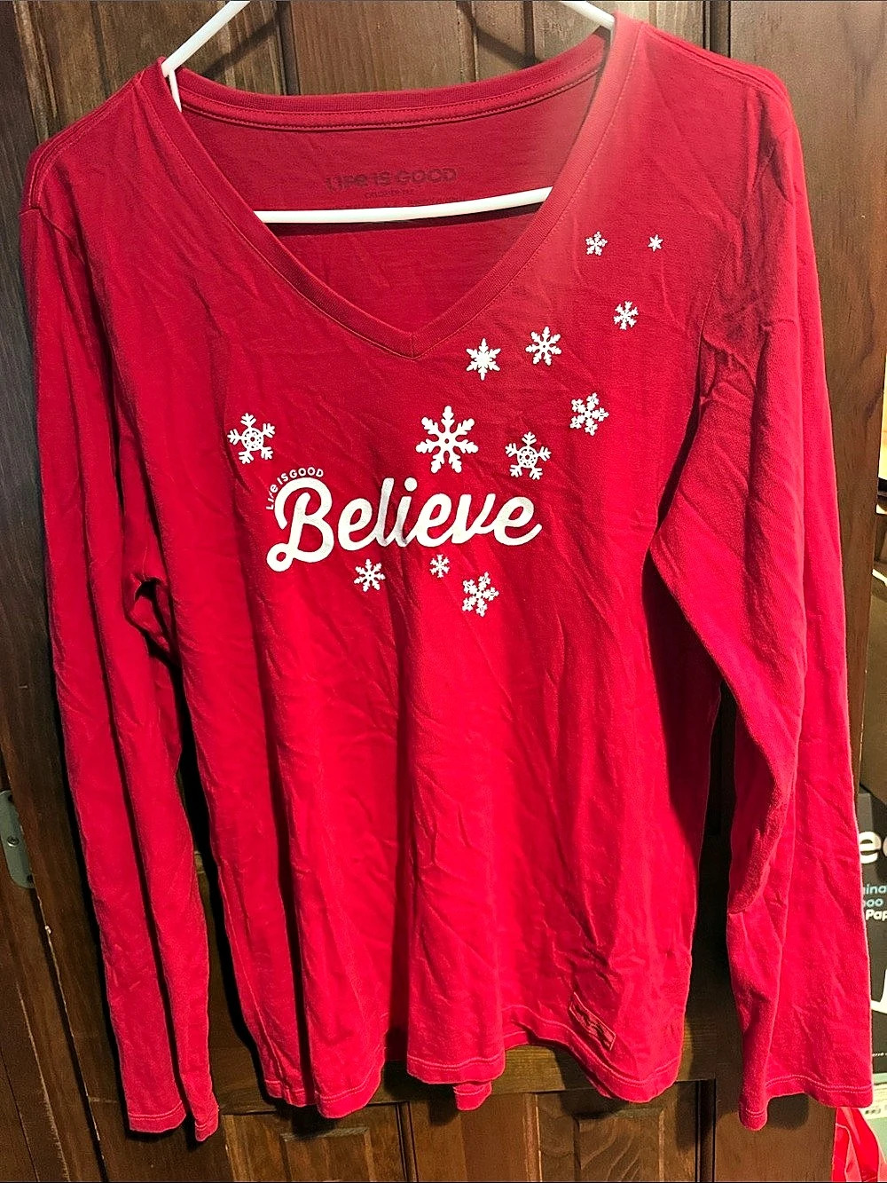 Life is Good Believe Falling Snowflakes Long Sleeve Crusher Tee Believe Graphic